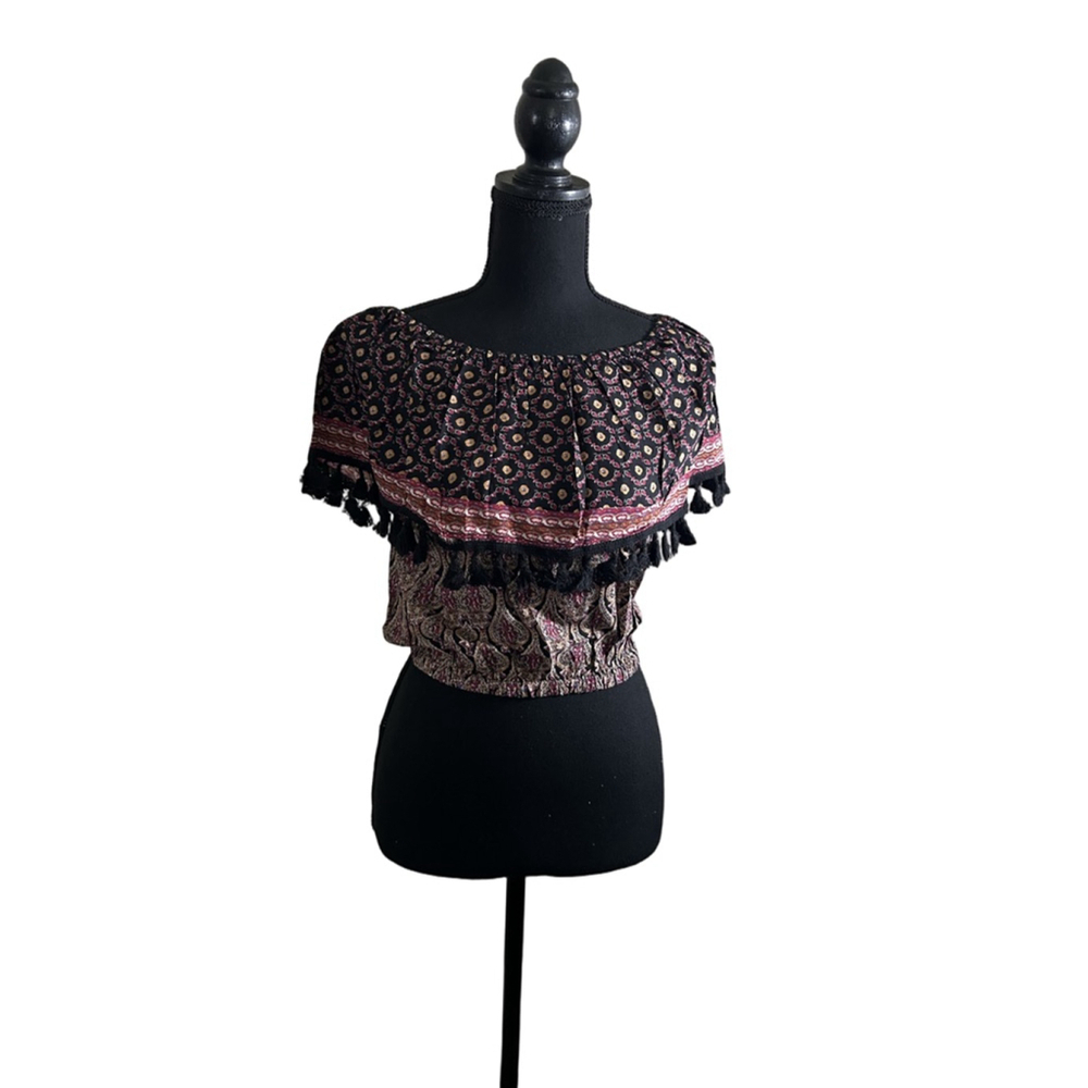 RAGA Boho Crop Top | Off-Shoulder Paisley Print Tassel, M